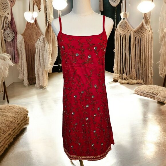 Vintage Express Red Embroidered Dress Small With Beaded Floral Boho Design 90's - Picture 2 of 16